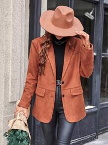 GENKIRA 西裝領翻蓋細節單排釦西裝外套 - 鏽棕色 - 查看 4