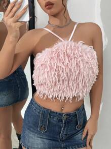 SHEIN Unity 素色毛茸茸前吊帶短上衣 - 粉色 - 查看 1