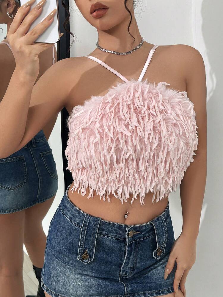 Solid Fuzzy Front Crop Cami Top