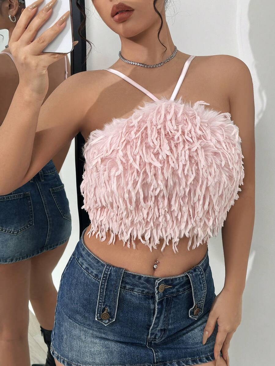 SHEIN Unity 素色毛茸茸前吊帶短上衣 - 粉色 - 查看 1