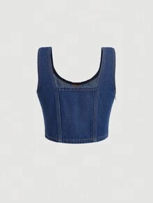 SHEIN MOD 緊身上衣短款牛仔背心上衣 - 中等水洗藍 - 查看 2