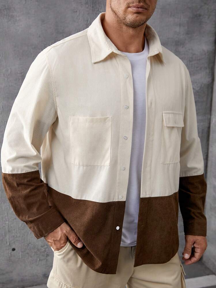 Loose Men's Two Tone Flap Pocket Shirt In Plus Size