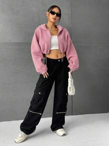 SHEIN EZwear 淺粉色毛茸茸拉繩下擺連帽外套 - 藕粉色 - 查看 3