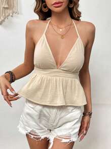SHEIN VCAY Solid Tie Backless Ruffle Hem Halter Top - Apricot - View 3