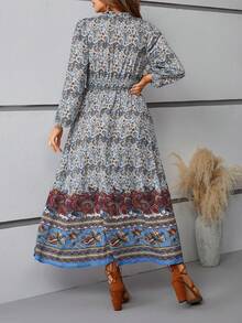 SHEIN VCAY Women's Paisley Printed Tie Neck Line Buttoned Collar Cinched Waist Dress - Multicolor - View 3