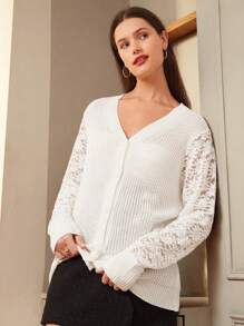 SHEIN Frenchy Women's Patchwork Lace Long Sleeve Cardigan With Front Button