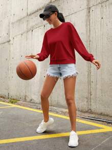 EURMUSE Women'S Drop Shoulder Round Neck Sweatshirt - Red - View 5