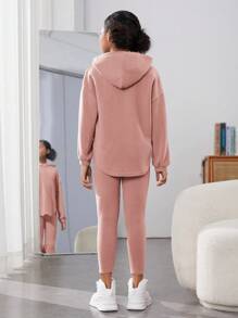 Tween Girl Drop Shoulder Curved Hem Hoodie & Leggings - Dusty Pink - View 2