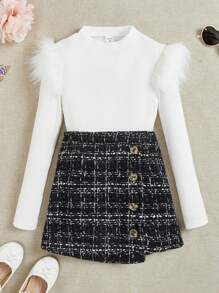 女大童毛茸邊T恤&格紋前紐扣半身裙 - 黑與白 - 查看 1