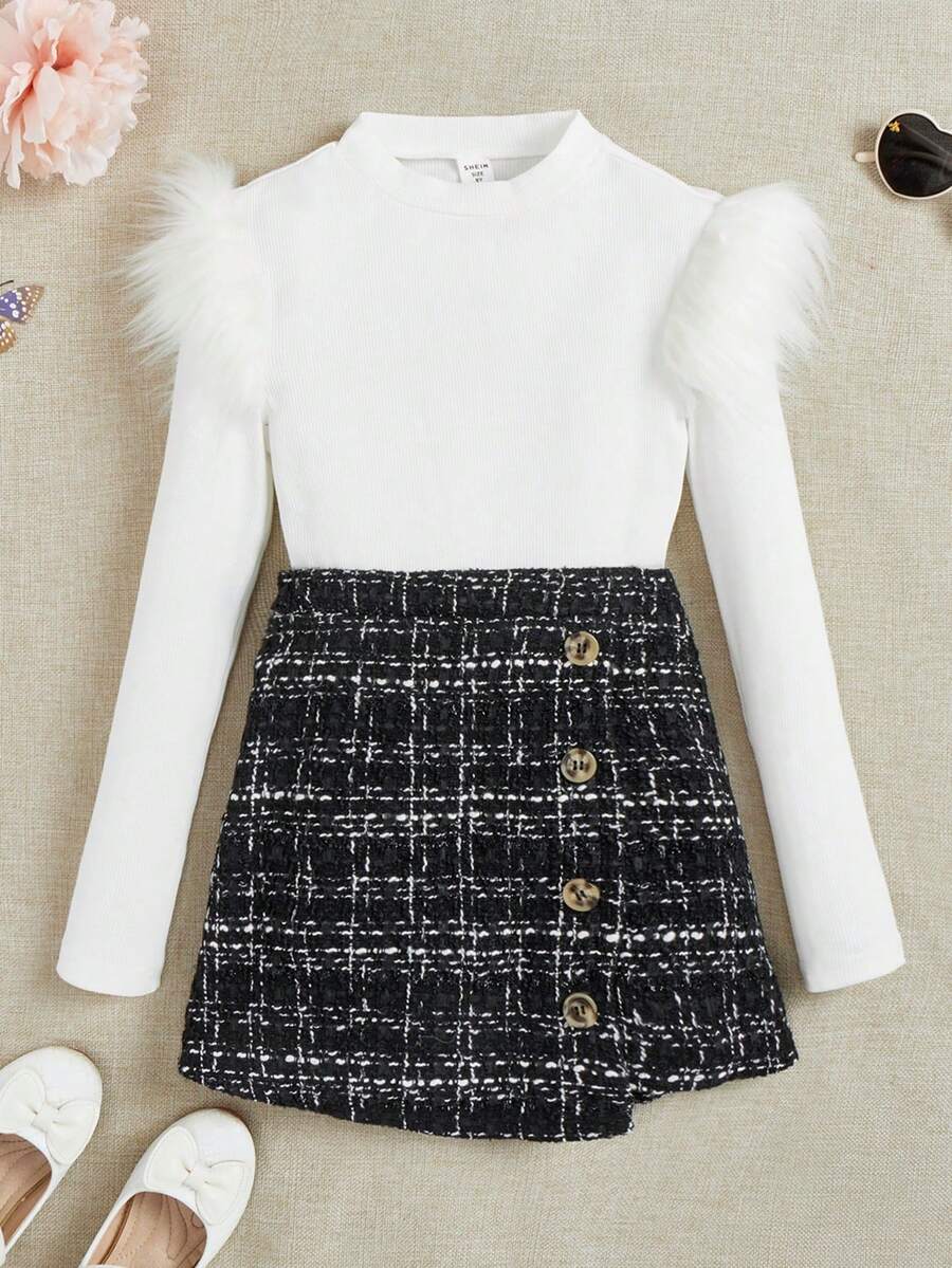 女大童毛茸邊T恤&格紋前紐扣半身裙 - 黑與白 - 查看 1