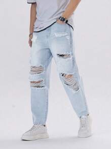 Manfinity Loose-Fit Men's Ripped Jeans - Light Wash - View 1
