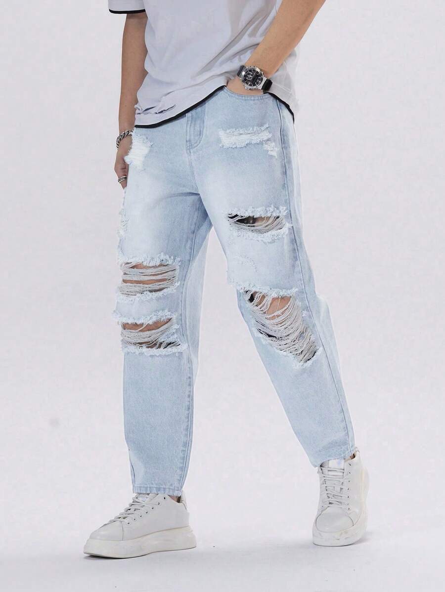Manfinity Loose-Fit Men's Ripped Jeans - Light Wash - View 1