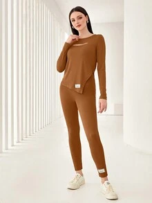 Mulvari Thư được vá Cắt ra Áo thun và Leggings - Màu Khaki - Xem 5
