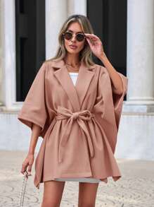 EURMUSE Ladies' Batwing Sleeve Belted Coat - Baby Pink - View 4