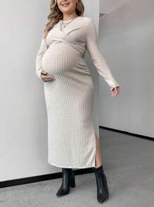 SHEIN 孕婦純色羅紋針織裹身交叉繫帶後開衩下擺連身裙 - 卡其色 - 查看 3