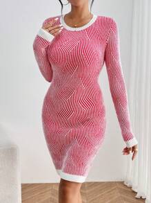 Chiquease Allover Pattern Contrast Trim Sweater Dress Fall Cloth For Women - Red - View 3