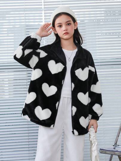 SHEIN Tween Girl Heart Print Drop Shoulder Zipper Fleece Coat