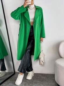 SHEIN Essnce Lapel Neck Double Button Belted Trench Coat - Green - View 4