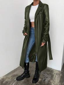 EURMUSE 西裝領腰帶風衣外套 - 綠色 - 查看 3