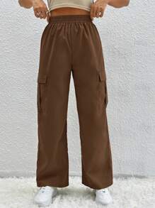 SHEIN PETITE Flip Pocket Cargo Pants - Brown - View 1