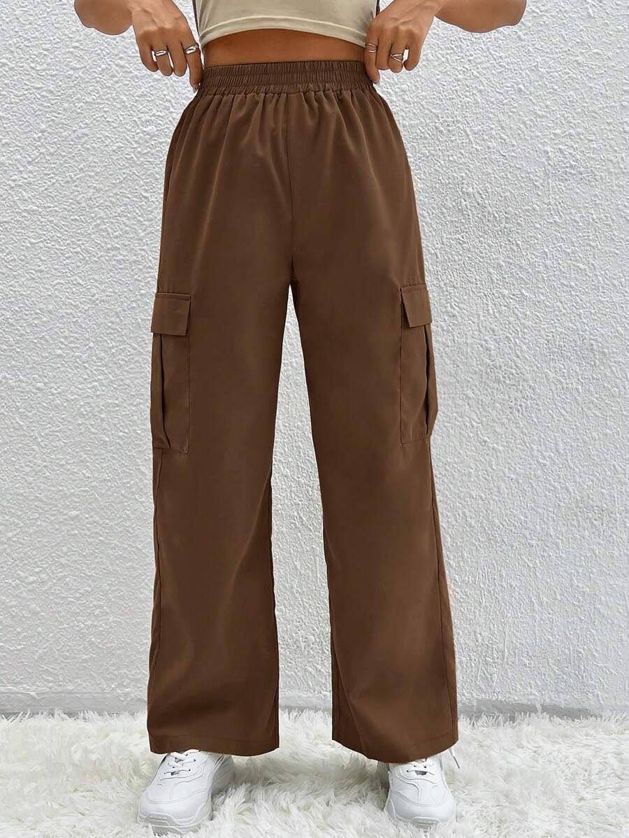 SHEIN PETITE Flip Pocket Cargo Pants - Brown - View 1