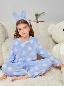 SHEIN Cô gái Tween Hình trái tim Flannel Bộ PJ - Màu xanh nhạt - Xem 1