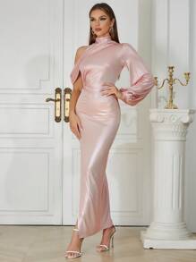 Asymmetrical Neck Lantern Sleeve Split Thigh Satin Dress - Baby Pink - View 1