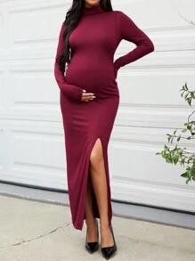 SHEIN Grossesse Robe À Col Roulé Fendu - Rouge - Voir 3