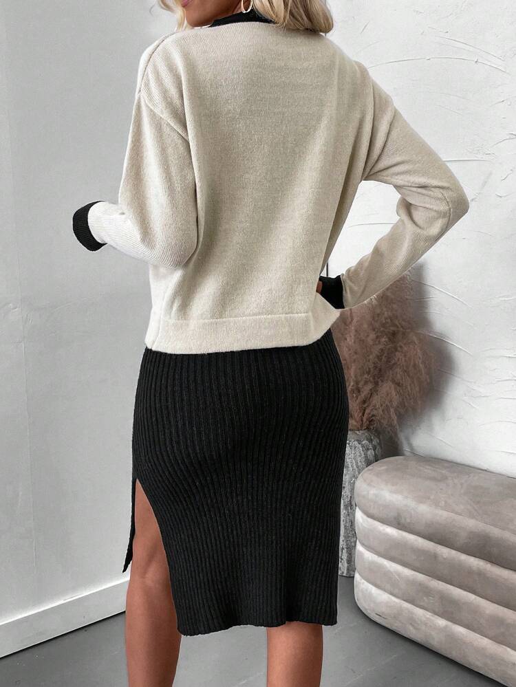 Two Tone Drop Shoulder Sweater & Knit Dress