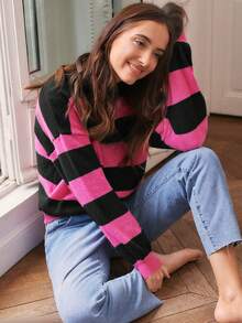 SHEIN Frenchy Mẫu sọc Thả vai Áo len - màu đen - Xem 3