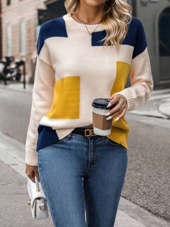 Color Block Drop Shoulder Sweater,Dam Senhöst Casual Långärmad Lös Multicolor Drop Shoulder Pullover Damtröjor,Långärmade toppar