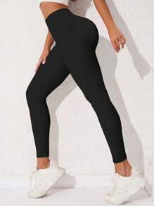 Easithlete 女士纯色宽腰运动紧身裤瑜伽裤 - 黑色 - 查看 5