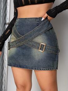 SHEIN ICON 大尺碼女款人造腰帶裝飾牛仔迷你裙 - 藍色 - 查看 3