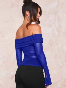 SHEIN BAE Gấp lại Off Shoulder Xù Lưới Áo - Xanh đậm - Xem 4
