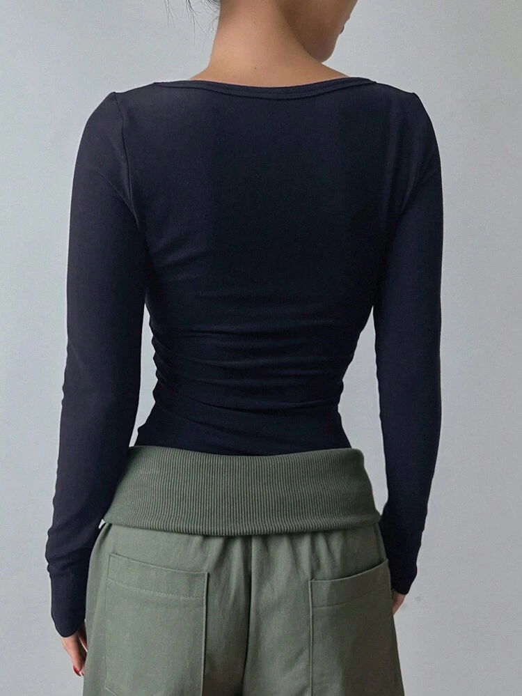 Solid Square Neck Slim Fit Tee Long Sleeve Women Tops,Thermal Lined