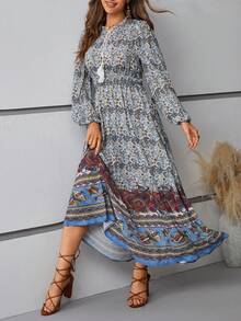 SHEIN VCAY Women's Paisley Printed Tie Neck Line Buttoned Collar Cinched Waist Dress - Multicolor - View 5