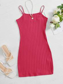 SHEIN EZwear Vestido ajustado unicolor tejido de canalé - Rosado Sandía - Ver 1