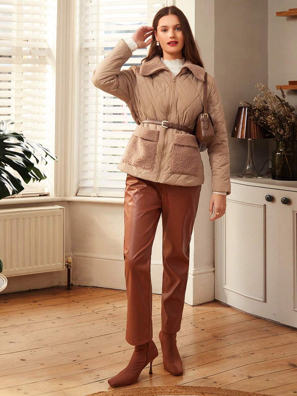 Women'S Patchwork Collar & Pocket Design Padded Coat Jacket Winter Brown Casual
