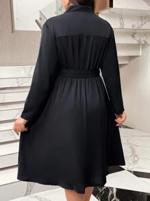 Calvaya Plus Notched Neckline Belted Dress - Black - View 2