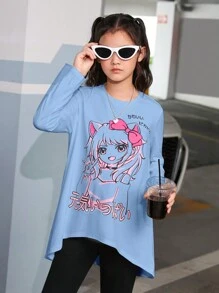 女大童卡通和字母圖案高低下擺T恤 - 淺藍色 - 查看 1