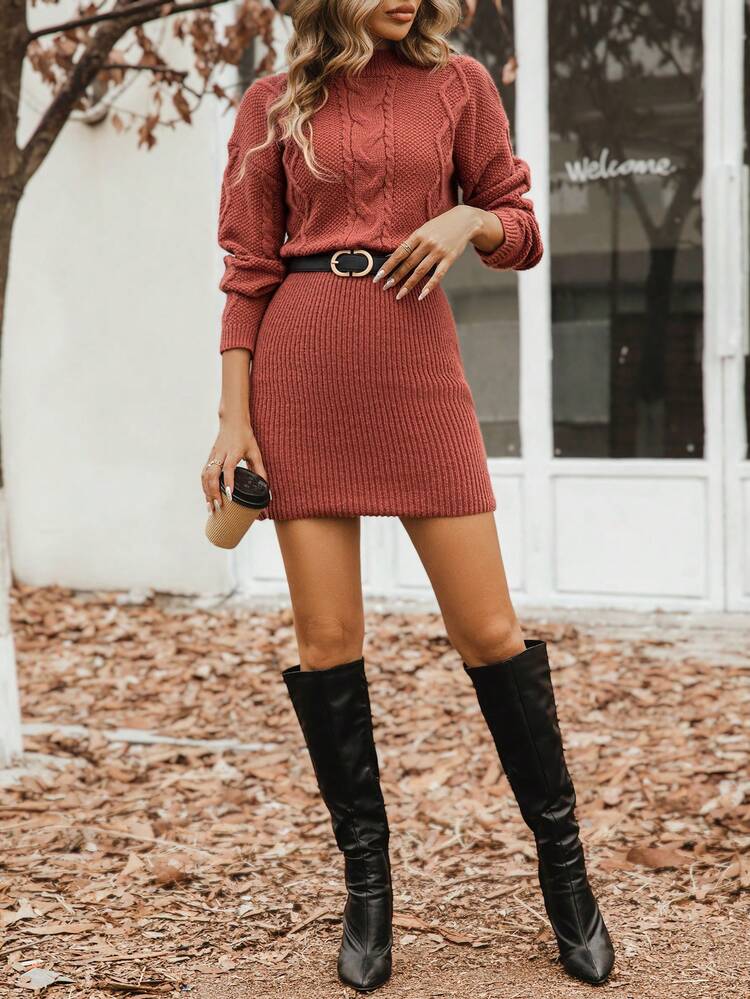 Cable Knit Drop Shoulder Sweater Dress Without Belt Fall Winter Cloth For Women