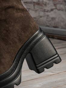 Women's Fashionable Brown Slip-On High Heels Thick Bottomed Casual Boots With Faux Suede And Warm Plush Lining
