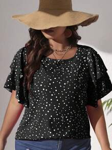 SHEIN Clasi Plus Polka Dot Print Butterfly Sleeve Blouse, Summer - Black - View 3