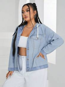 SHEIN EZwear Áo khoác denim trùm đầu có dây rút cài nút cỡ lớn - Màu xanh lam - Xem 6