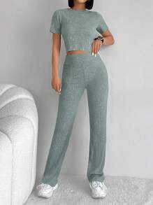 EURMUSE Solid Crop Tee & Pants - Mint Green - View 5