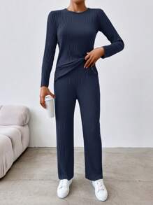 EURMUSE Women'S Ribbed Long Sleeve T-Shirt And Pants Two Piece Set - Navy Blue - View 1
