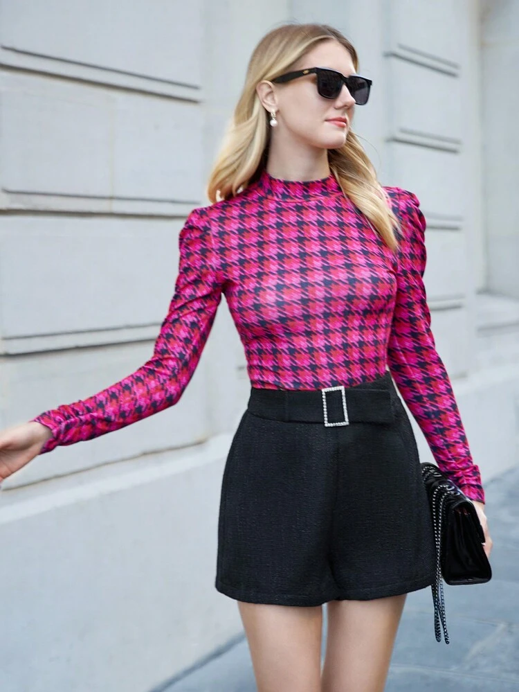 Solid Belted Tweed Shorts