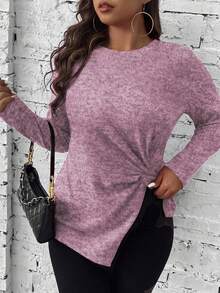 SHEIN Clasi 大碼前扭結不對稱下擺T恤 - 紫色 - 查看 3