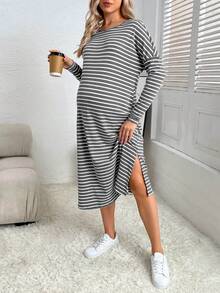 SHEIN Maternity Striped Print Split Hem Tee Dress - Grey - View 5