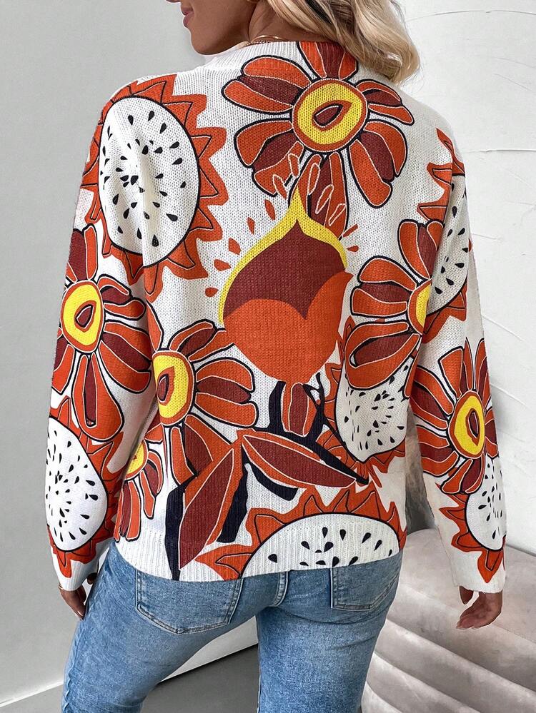 Floral Pattern Drop Shoulder Knit Pullover Fall Winter Sweater